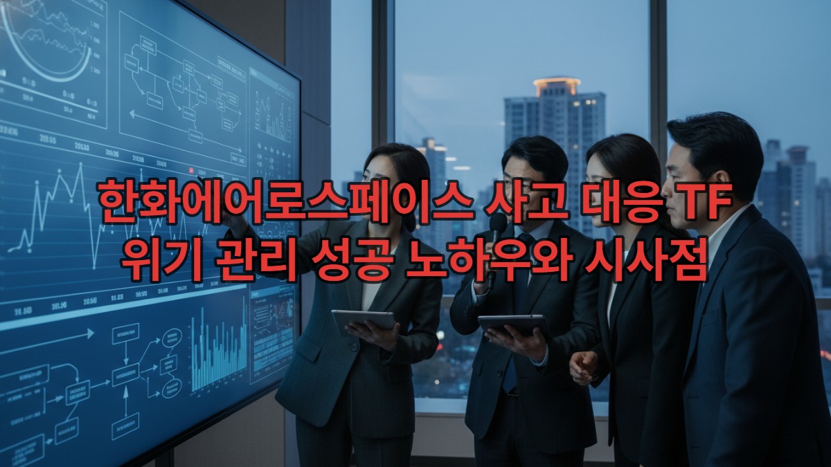 최신 사무실에서 대형 스크린을 보며 긴급 사고 대응 전략을 논의하는 한화에어로스페이스 태스크포스(TF) 팀원들. 한국인 남녀 전문가들이 위기 상황 속에서 집중하며 협력하는 모습.