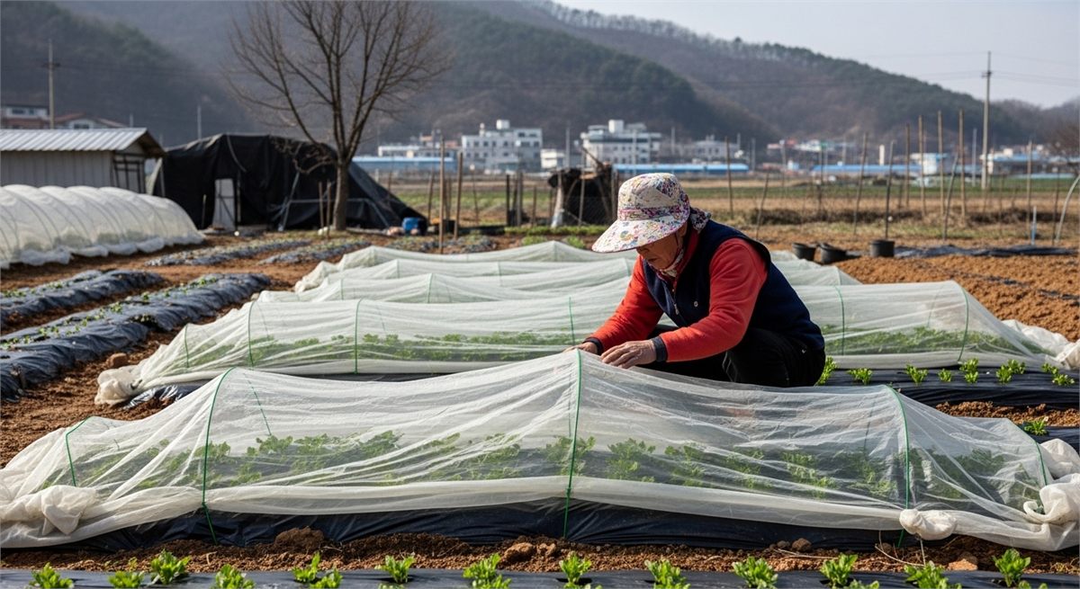 저온 피해를 막기 위해 덮개를 씌우는 한국인 시니어 가드너 