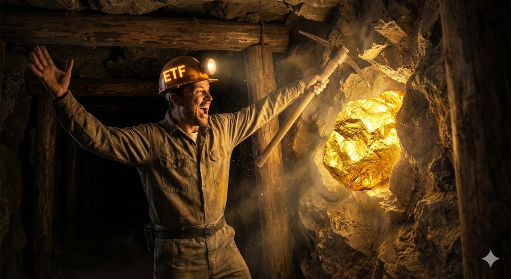 어두운 광산 안에서 광부가 거대한 황금 원석(수익)을 발견하고 환호하는 모습. 광부의 헬멧에는 'ETF'라는 글자가 빛나고 있음