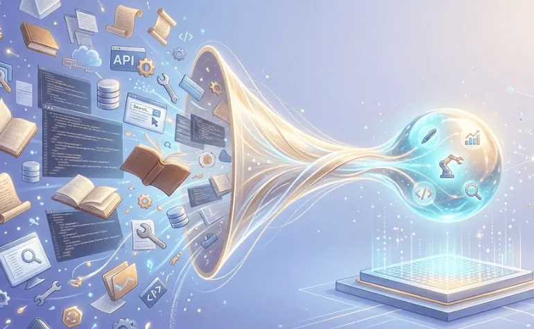 GPT-5.4: 수많은 이질적인 데이터가 깔때기로 빨려 들어가 정제된 하나의 강력한 결정체로 변환되는 과정을 시각화한 그림입니다. 깔때기 입구로 끊임없이 유입되는 책&amp;#44; 문서&amp;#44; 코드&amp;#44; 데이터베이스&amp;#44; 검색창&amp;#44; 공구 등 방대한 정보와 도구들이 매끄럽게 빨려 들어가며&amp;#44; 최종 정제된 결정체는 미래적인 받침대 위에서 밝게 빛납니다. 이 결정체 안에는 펜&amp;#44; 차트&amp;#44; 로봇 팔&amp;#44; 코드&amp;#44; 돋보기 등 핵심 업무 도구들이 하나로 완벽하게 통합되어 효율성과 강력함을 상징합니다. (GPT-5.4&amp;#44; AI Data Processing&amp;#44; Efficiency&amp;#44; Universal Model&amp;#44; Workflow Optimization&amp;#44; Data Distillation) 