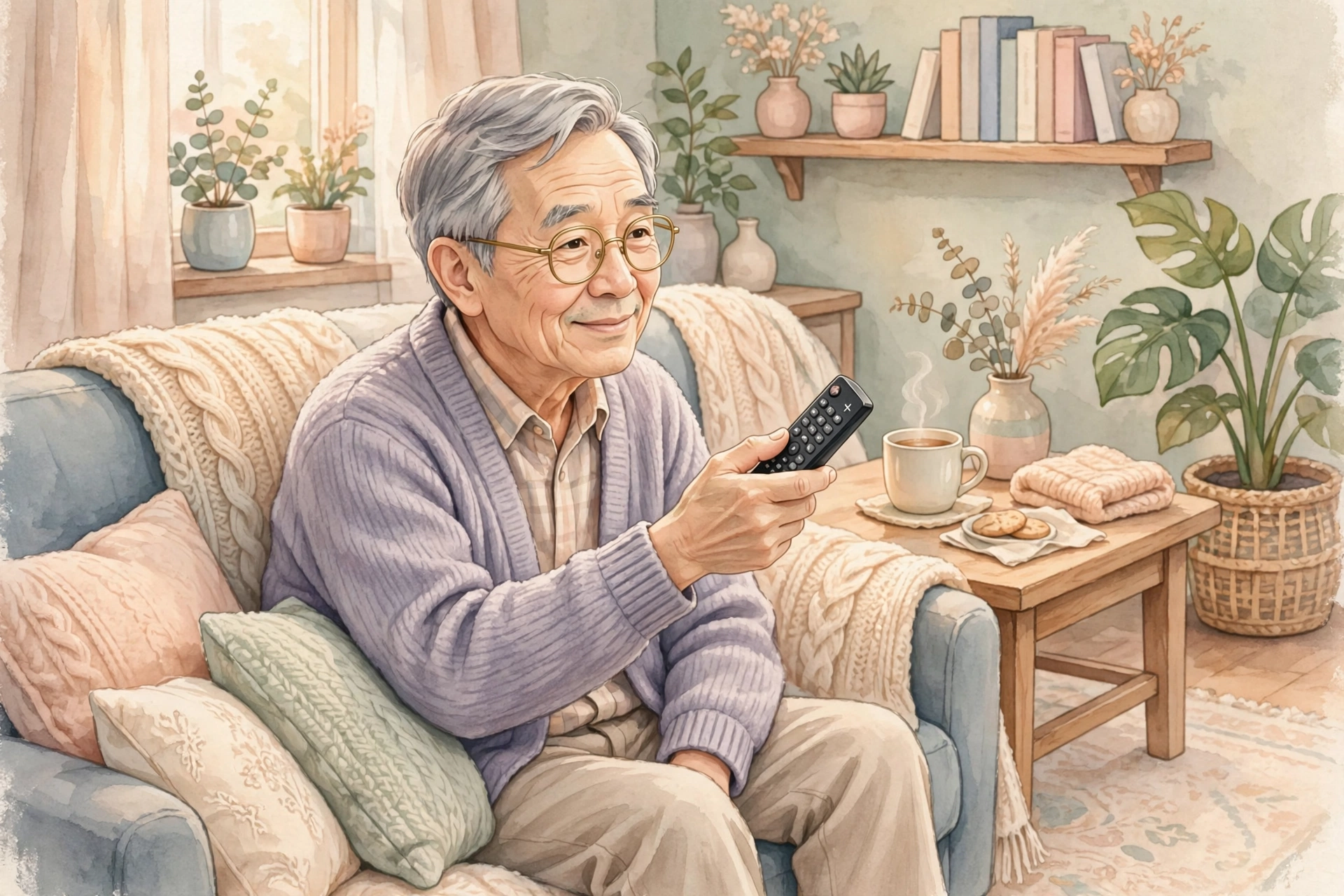 TV 볼륨을 높이는 노인 일러스트