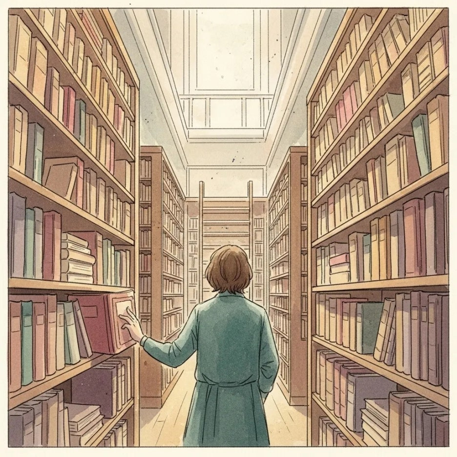 고서로 가득한 도서관 속 진실을 찾는 사람.