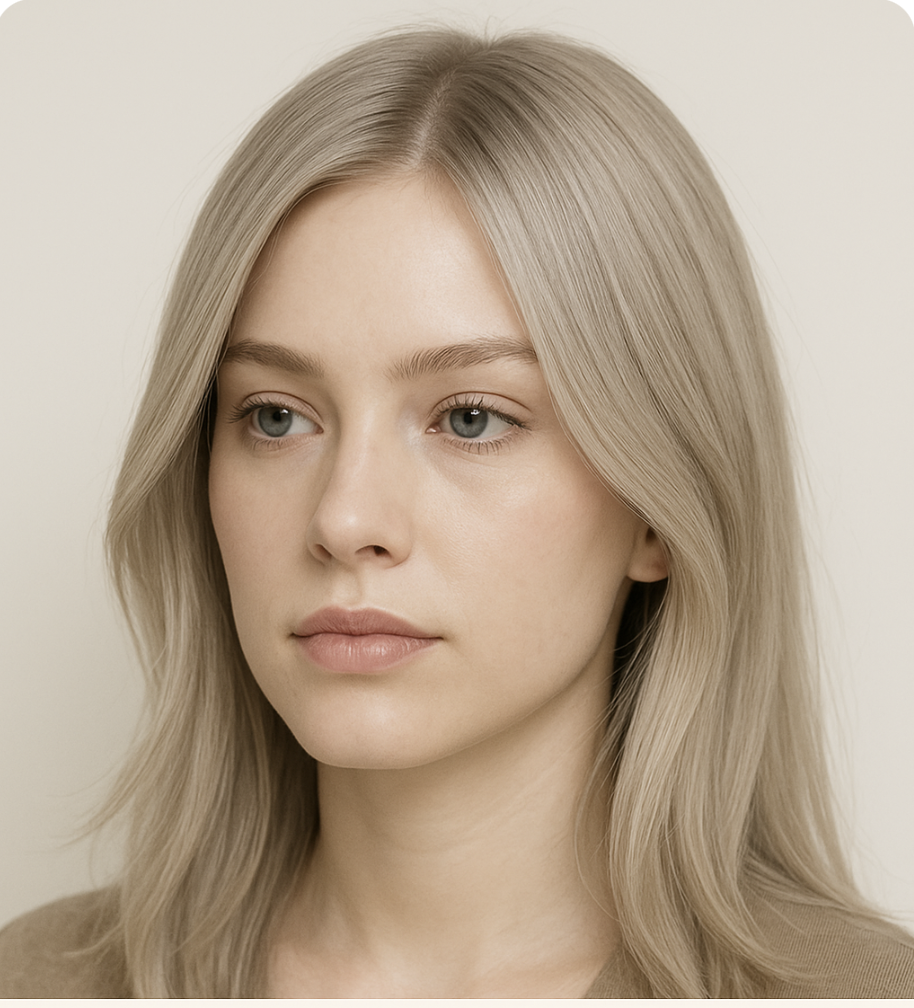 “쿨톤의 라이트 애쉬 블론드 컬러로 염색한 긴 머리의 측면 클로즈업 이미지. 자연광 아래 실버빛이 은은하게 반사되며, 깔끔한 회색 계열의 컬러 팔레트가 구석에 함께 표시되어 있음.”