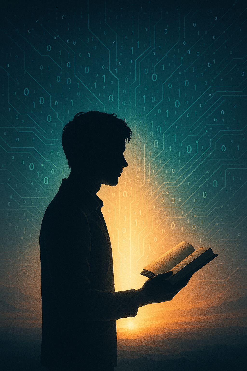 미래를 상징하는 디지털 환경 속에서 책을 든 인간의 모습