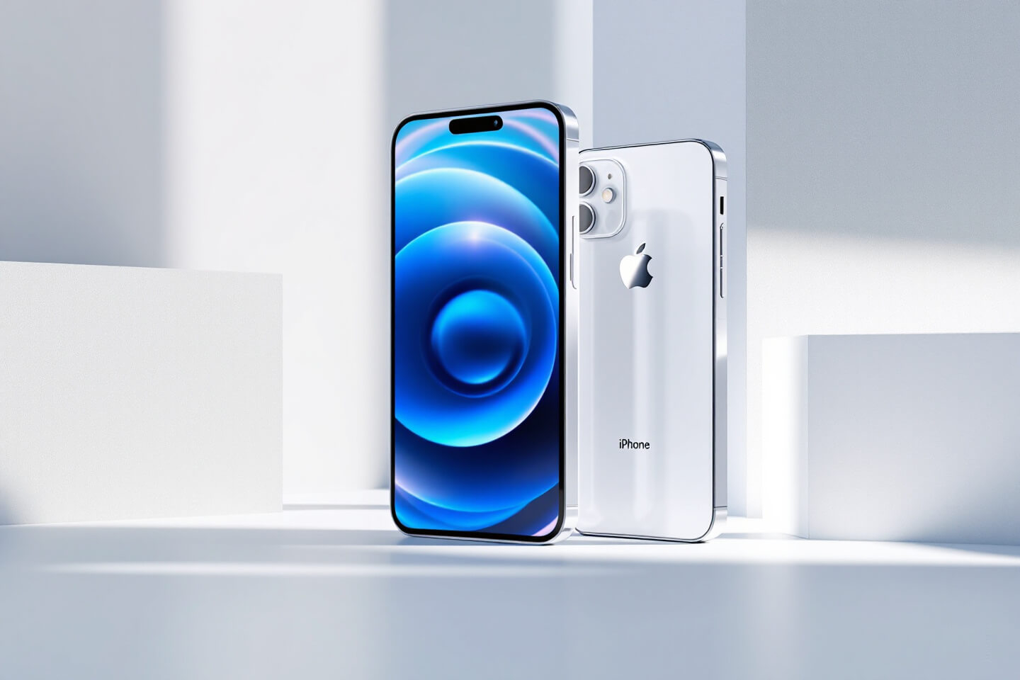 아이폰 SE4 예상 렌더링 이미지. 스마트폰 전면에는 베젤이 최소화된 Dynamic Island와 6.1인치 OLED 디스플레이가 탑재되어 있으며, 후면은 화이트 컬러 유리 소재로 디자인된 단일 카메라와 Apple 로고가 중앙에 위치해 있다. 모던하고 깔끔한 느낌의 스튜디오 배경에서 세련된 스마트폰이 세워진 모습