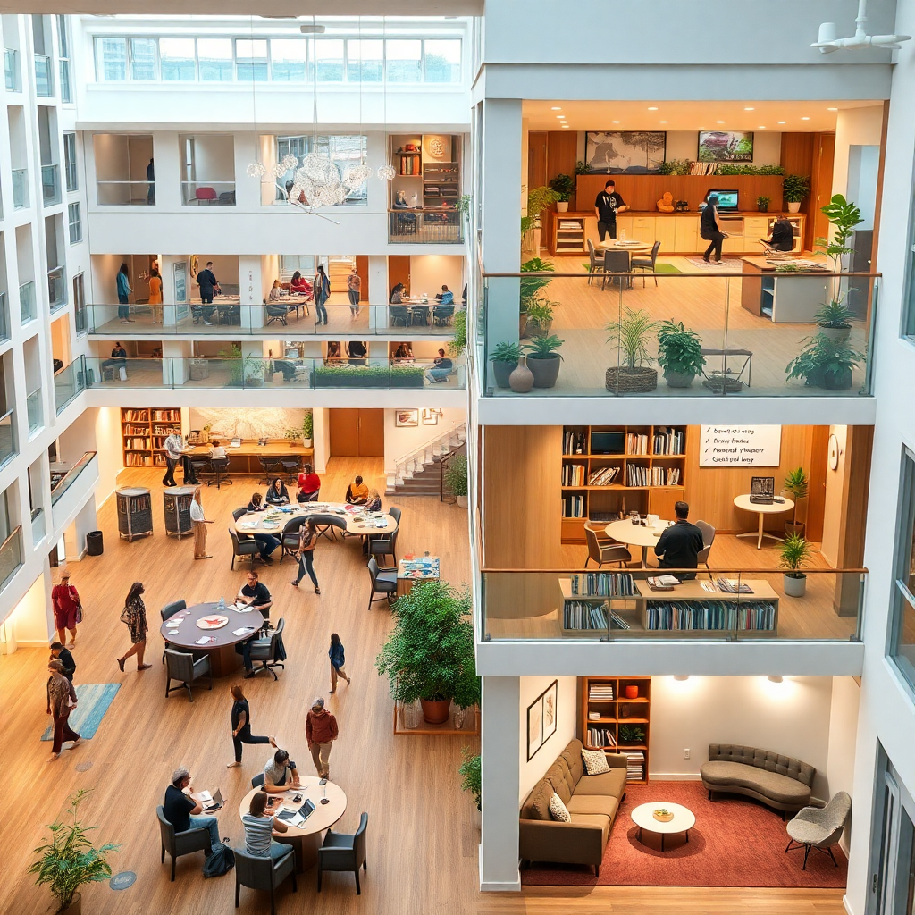 주민들이 함께 이용하는 다목적 홀, 공동 작업실, 북카페, 상담실 등 활성화된 커뮤니티 공간을 보여주어, 거주민들의 삶의 질 향상에 기여하는 복합 기능 주택의 장점을 시각화합니다 .