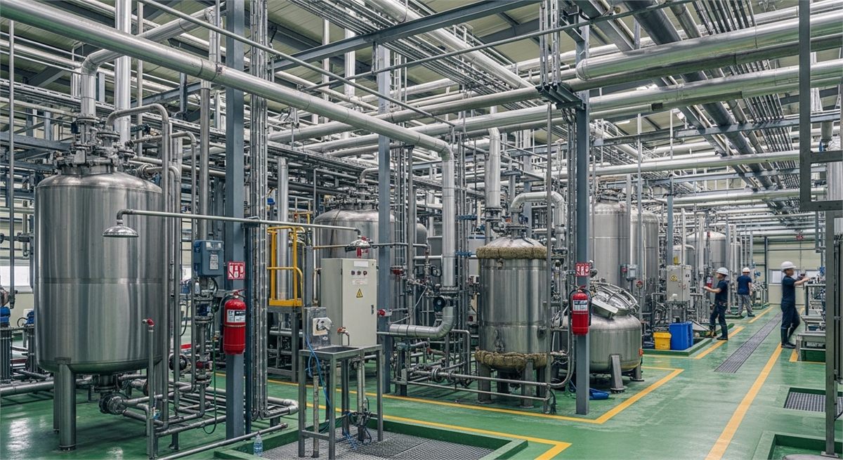 화학 소재 생산 라인을 보여주는 산업 현장 전경