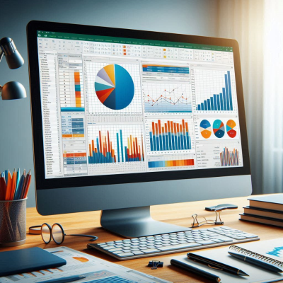 다양한 데이터 차트와 그래프가 표시된 큰 화면, 책상에 엑셀 스프레드시트