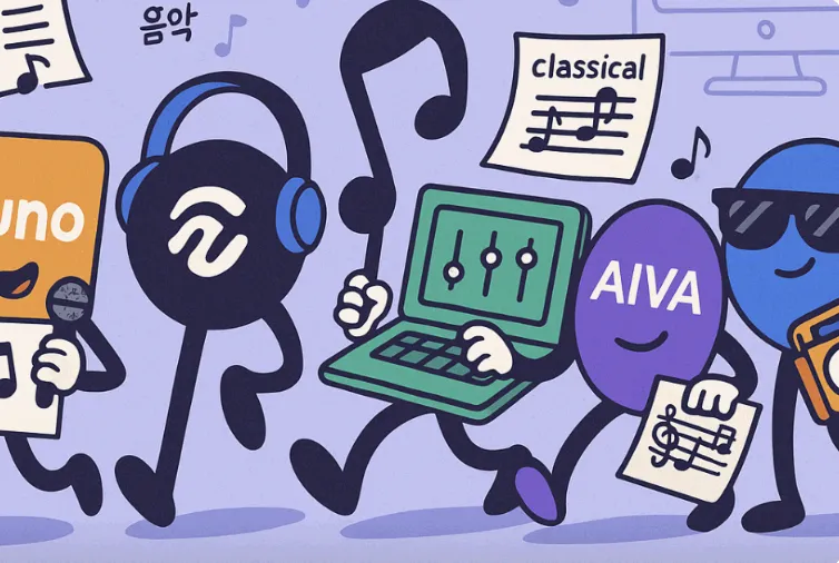 AI 음악 생성 툴을 의인화한 다섯 개의 캐릭터들이 음표를 들고 행진하는 장면. Suno는 마이크를 들고 있고, Mubert는 헤드폰을 낀 채 음악을 감상하며 걷고 있으며, Soundraw는 믹서 노트북을 들고 있음. AIVA는 악보를 들고 클래식 음악 느낌을 풍기며, Boomy는 선글라스를 쓰고 카세트 플레이어를 든 채 리듬을 타고 있다.