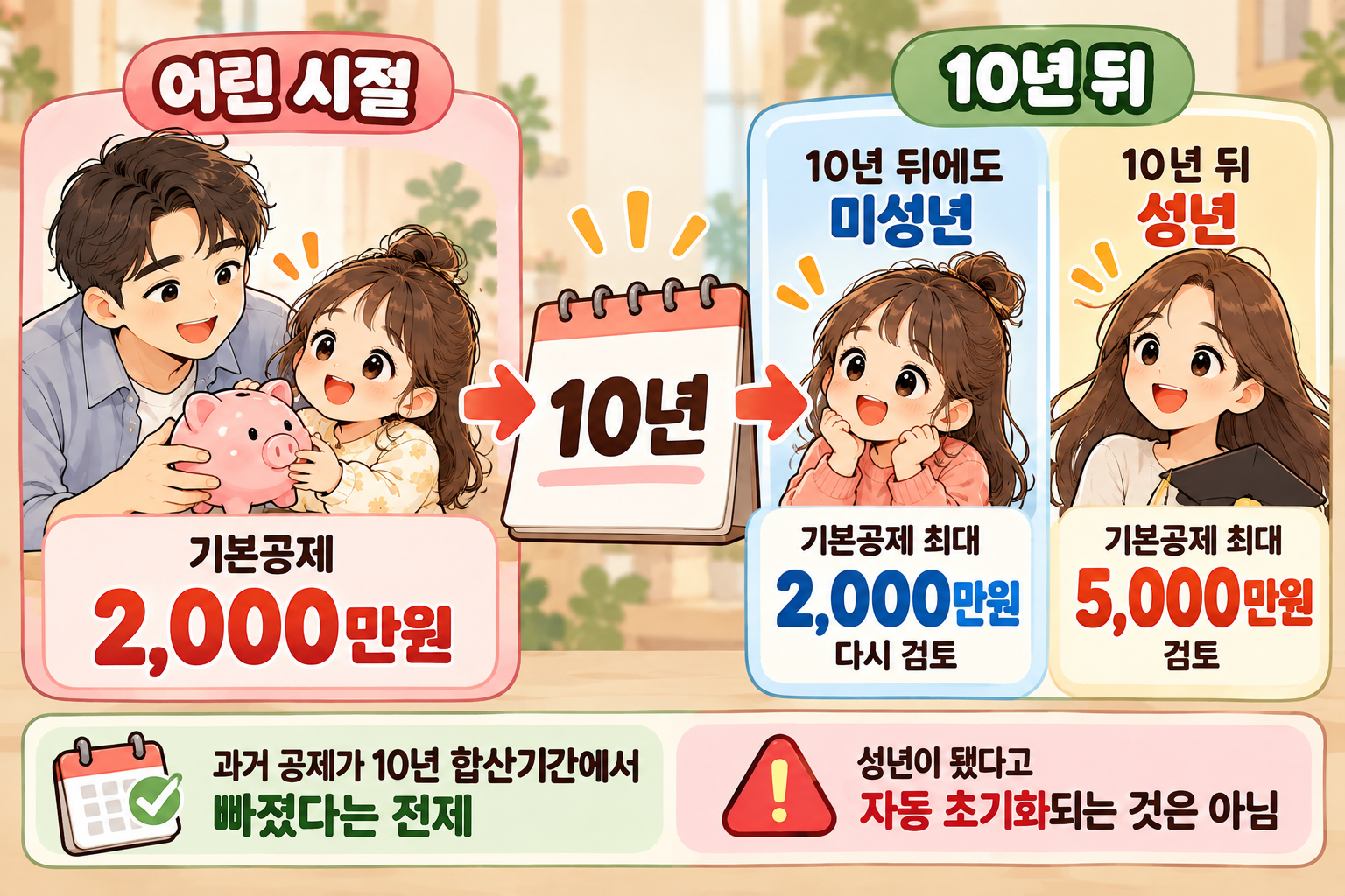 미성년 자녀에게 2천만원을 증여한 뒤 10년이 지난 시점의 나이와 과거 공제 이력에 따라 미성년 2천만원 또는 성년 5천만원의 기본공제 범위를 다시 검토하는 장기 증여 시뮬레이션 이미지