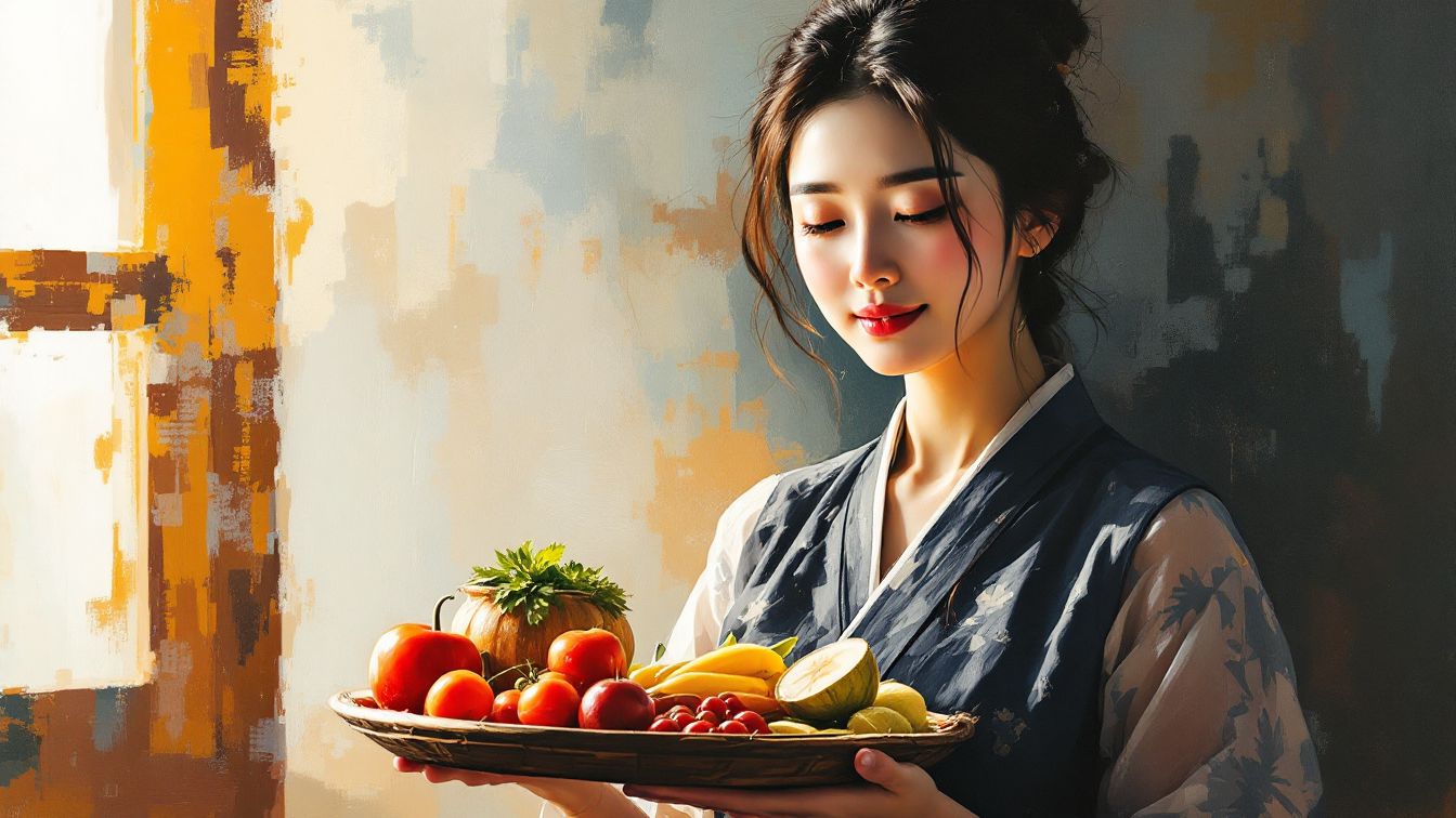 A woman is carrying fresh fruit on a plate.