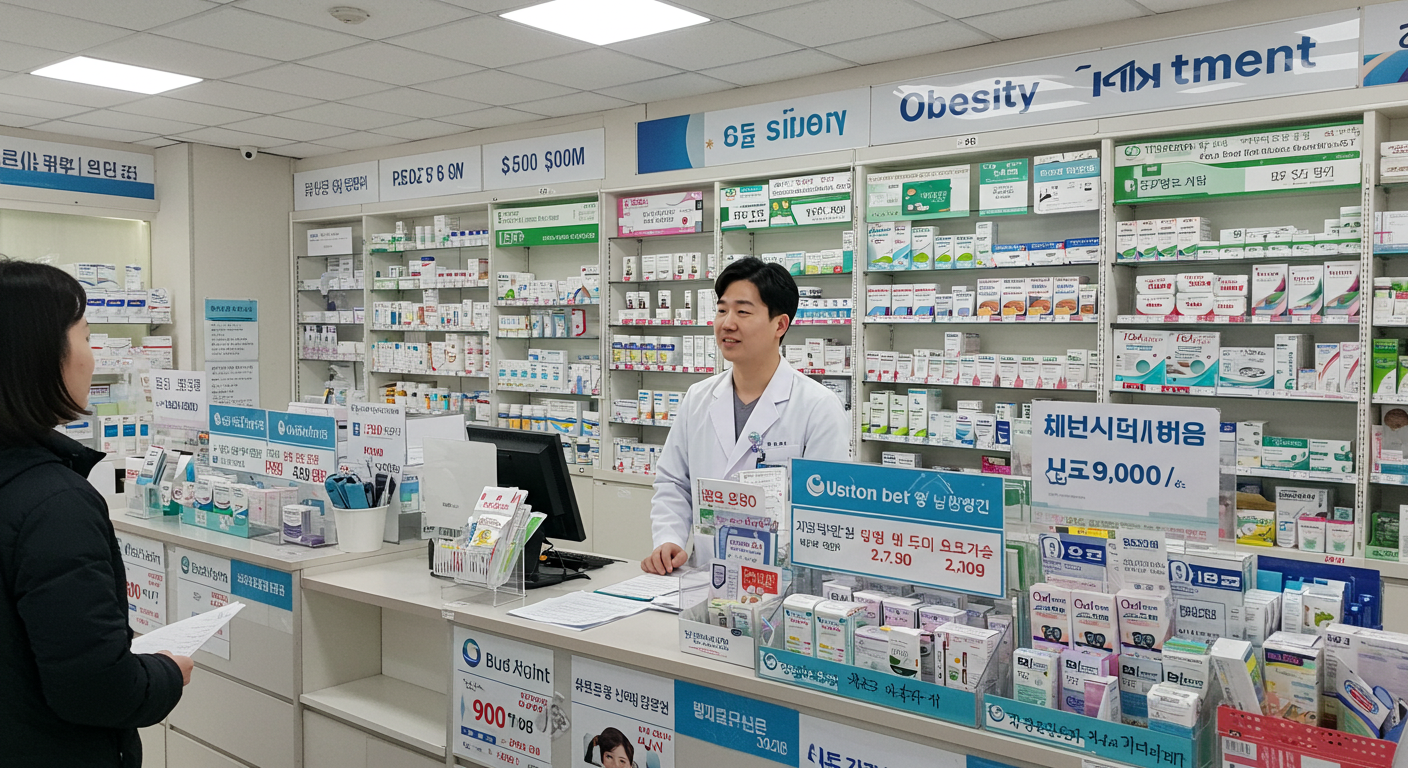 한국 병원 약국 카운터에 비치된 위고비와 고가의 비만 치료제 가격표