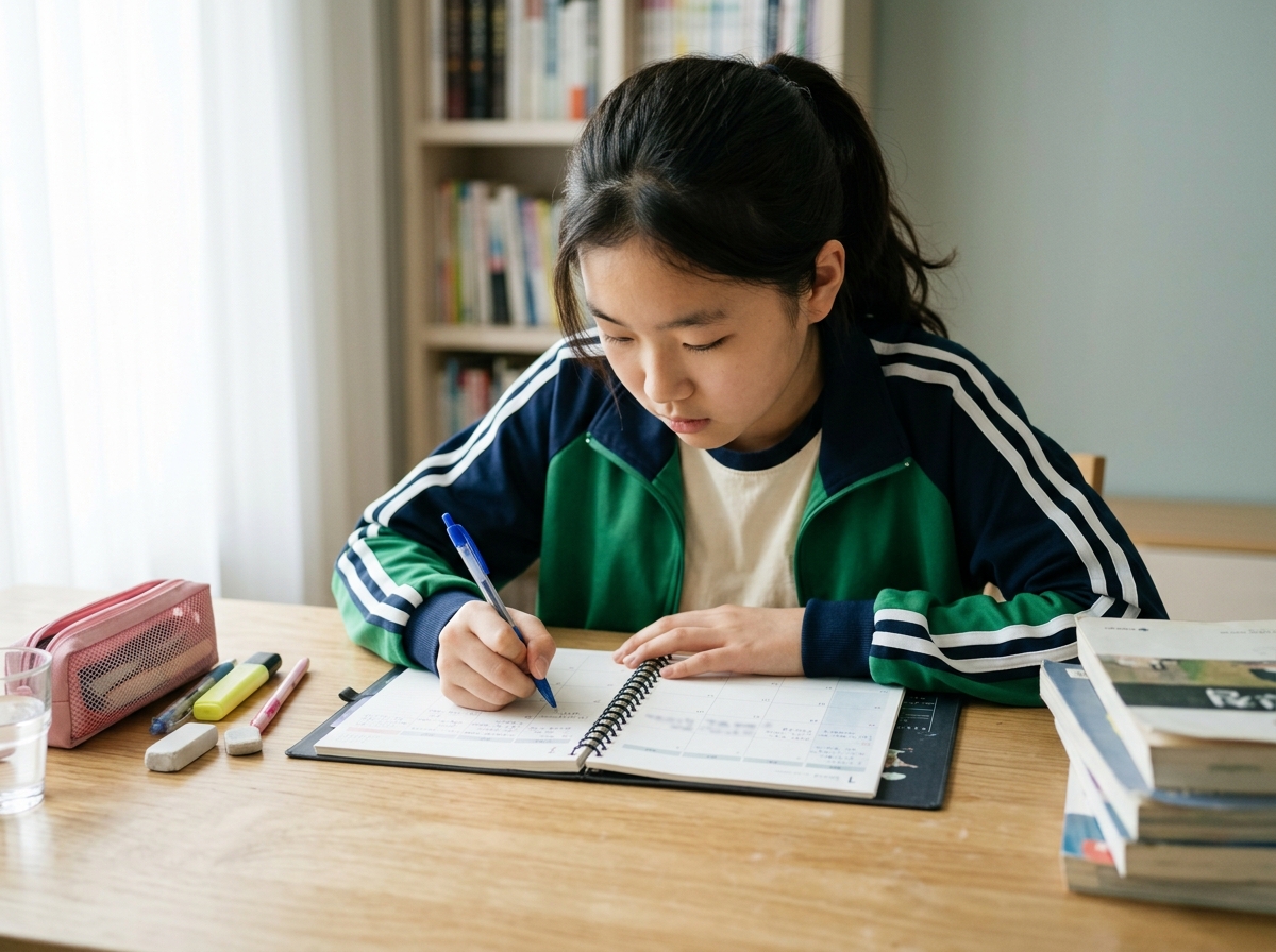 중학생이 짧은 학습 목표를 실천하며 계획표에 체크하는 모습