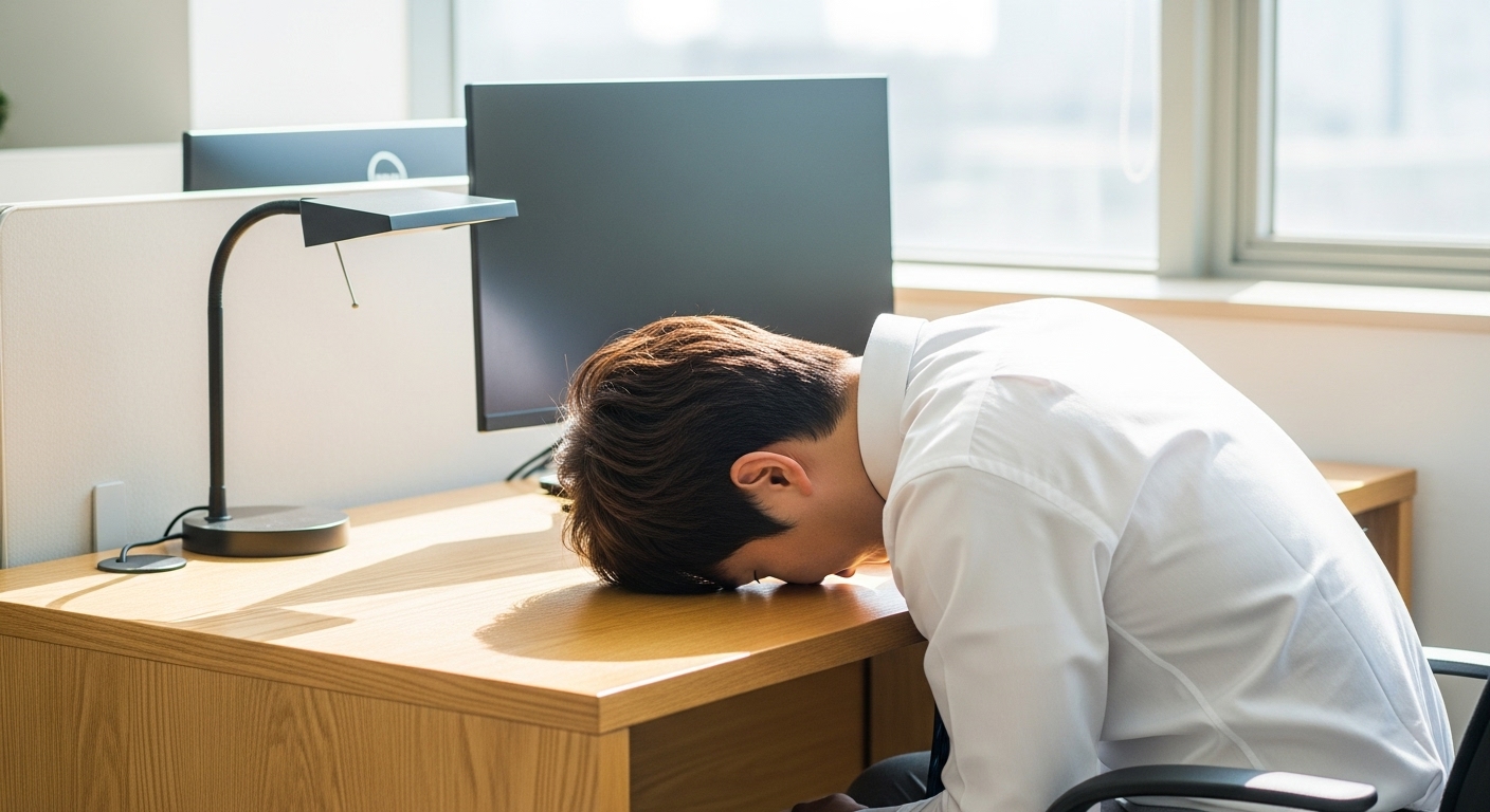 책상 위에서 머리를 감싸고 있는 남성