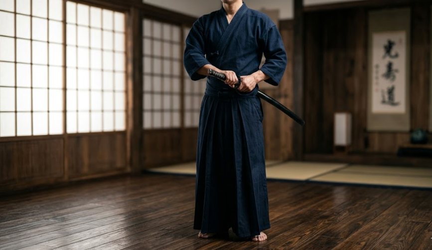 고요한 도장에서 검객이 정적인 자세로 서 있는 모습. 칼집에 든 검을 통해 평온함과 내면에 잠재된 에너지가 대비되는 분위기.