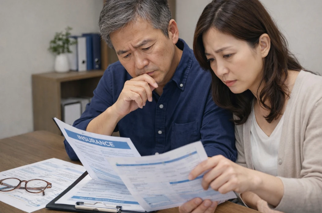 임플란트 재식립을 앞두고 보증 기간과 치아보험 서류를 확인하며 상담하는 40대 성인 모습