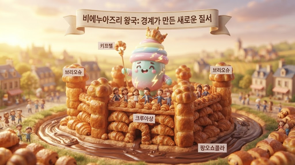 쫀쿠가 거대한 황금빛 비에누아즈리 왕국 세트 중앙에 서 있습니다. 배경에는 거대한 크루아상 성벽, 브리오슈 탑, 팡오레쟁 다리가 아름답게 펼쳐져 있습니다. 쫀쿠는 이 모든 빵이 어우러진 거대한 뷔페 테이블에서 갓 구운 빵을 한 입 베어 물고 행복해하고 있습니다. 하늘에는 '빵도 아니고 과자도 아닌, 맛있는 경계'라는 입체적인 글씨가 떠 있습니다.
