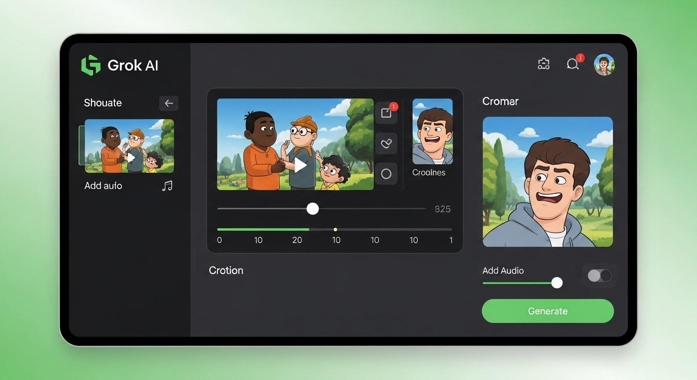 Grok AI의 직관적인 디지털 인터페이스 화면으로, 짧은 애니메이션 영상이 빠르게 생성되고 있습니다. 타임라인, 오디오 추가, 생성 버튼 등 주요 기능이 강조되어 사용자 친화적인 디자인을 보여줍니다.