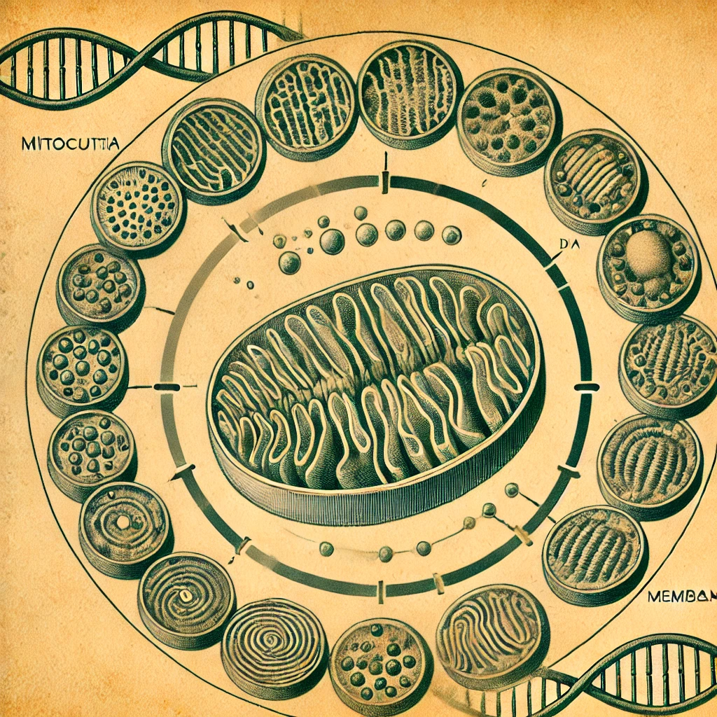 원형 DNA를 품은 초기 미토콘드리아 전구체가&amp;#44; 세포 속에서 막을 거쳐 들어가는 모습을 시간의 흐름을 시계나 나선으로 형상화한 이미지