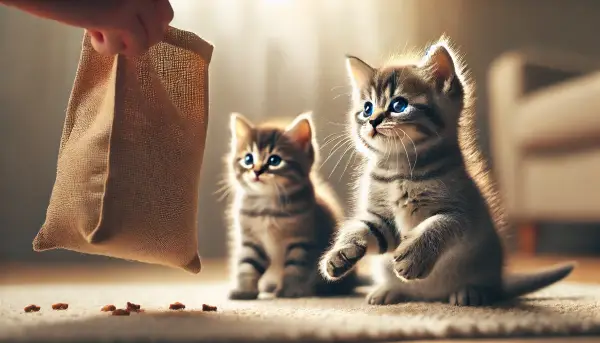 음식 봉지를 흔들자 한 마리는 달려오고, 한 마리는 가만히 바라보는 두 마리의 새끼 고양이