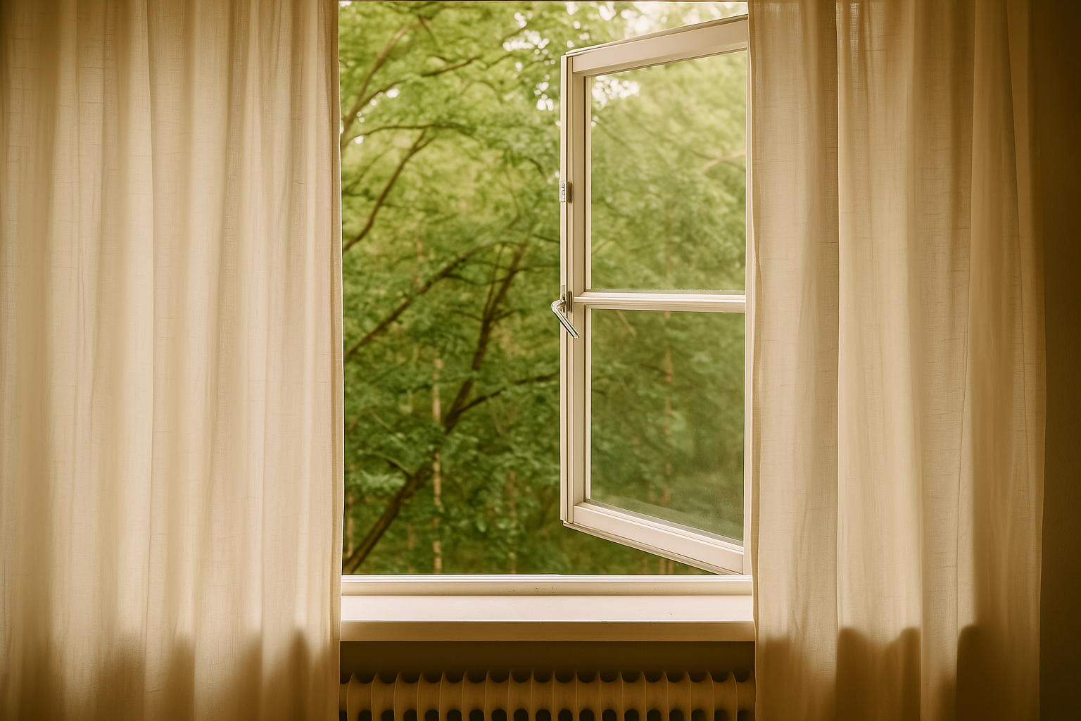 햇살이 들어오는 실내, 창문이 열려 자연 환기중인 모습