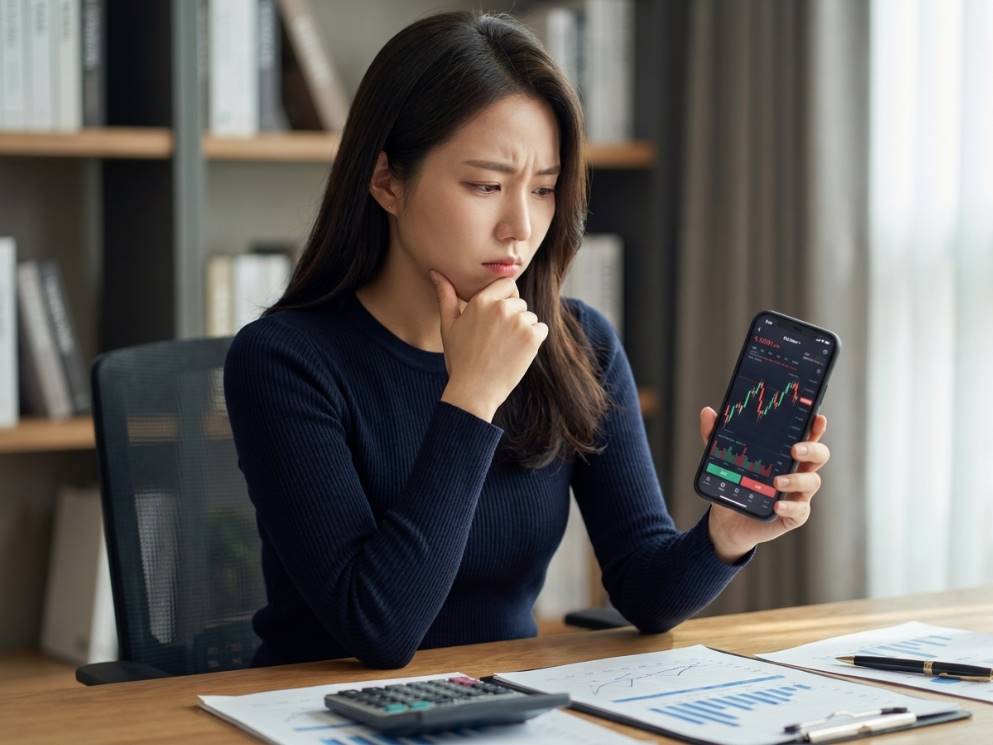 스마트폰으로 주식 차트를 확인하며 고민하는 개인 투자자의 손
