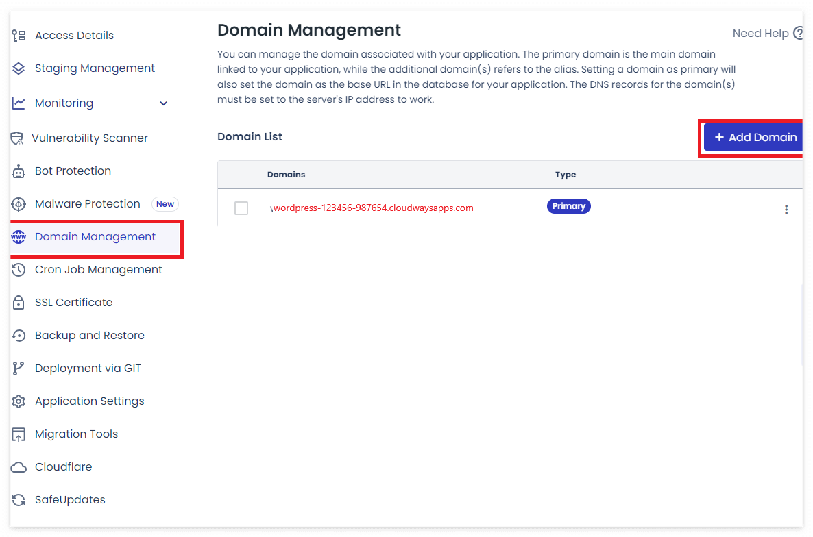 도메인 관리에서 애드 도메인 선택