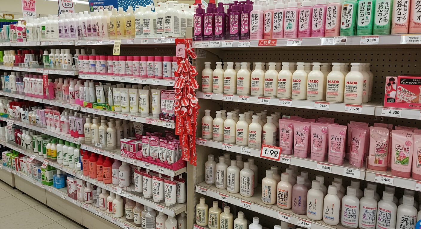 돈키호테 향수 및 섬유유연제 코너, 샤넬 블루 드 샤넬과 일본 인기 섬유유연제가 진열된 모습