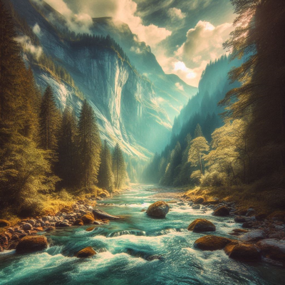 고요하게 흐르는 물과 주변의 산들이 아름답게 어우러진 풍경.