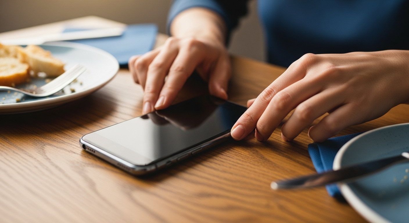 식사 중 스마트폰을 화면이 아래로 향하게 내려놓는 손의 클로즈업. 차분하고 평화로운 분위기가 느껴집니다.