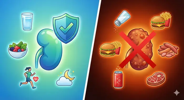 이미지는 중앙을 기준으로 둘로 나뉘어 있습니다. 왼쪽의 밝은 파란색 배경에는 건강하고 매끄러운 신장 아이콘 주변으로 깨끗한 물, 과일과 채소, 운동하는 사람, 수면 아이콘이 배치되어 '신장 건강을 지키는 습관'을 나타냅니다. 반면, 오른쪽의 어두운 붉은색 배경에는 염증이 있는 거친 신장 아이콘 주변으로 소금, 패스트푸드, 가공육, 탄산음료, 붉은 고기가 배치되어 '신장에 해로운 음식'을 나타내는 대조적인 인포그래픽 그림입니다.