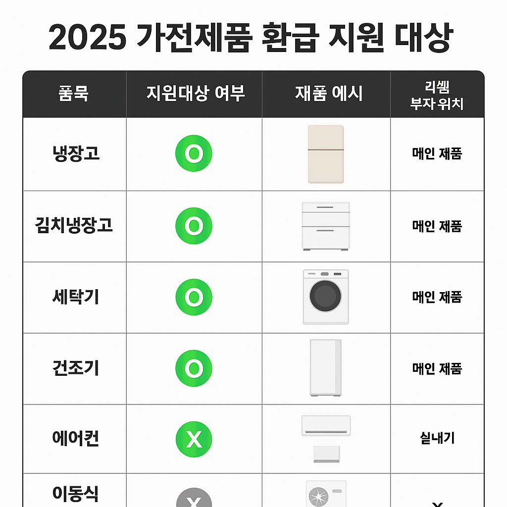 2025년 가전제품 환급 지원 대상 표 - 냉장고, 김치냉장고, 세탁기, 건조기 지원 가능 / 일부 에어컨 및 이동식 제품 제외