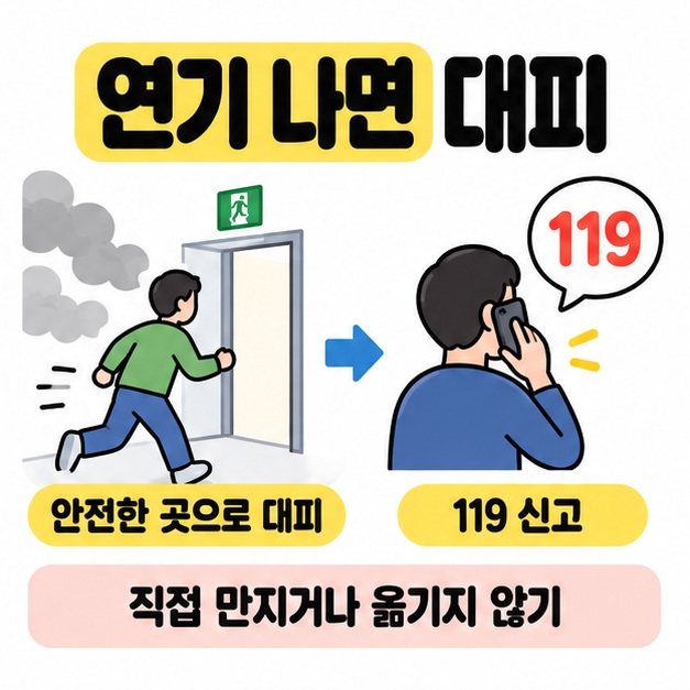 연기에서 떨어져 출구로 대피한 뒤 119에 신고하는 흐름과 배터리를 직접 만지거나 옮기지 말라는 안내
