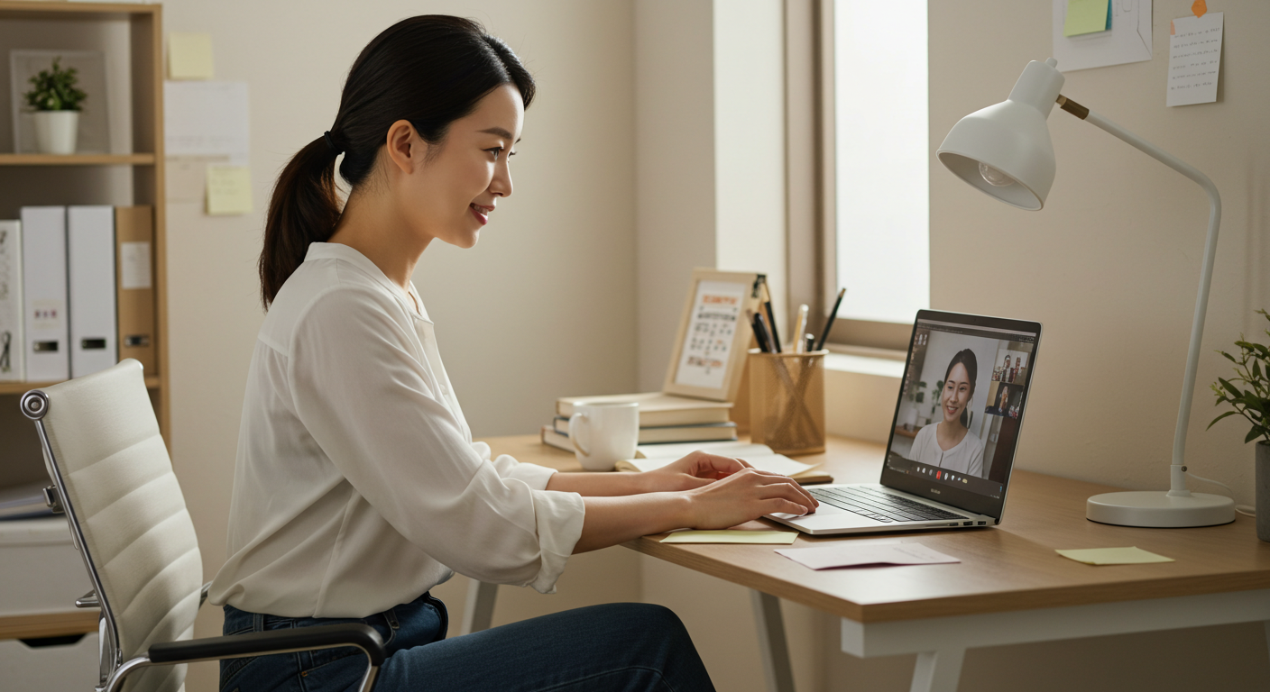 서재에서 화상통화를 하는 여성