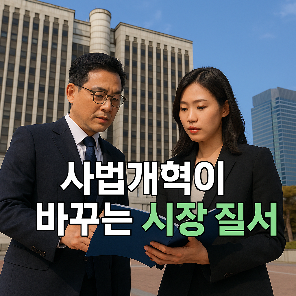 법원 청사 앞에서 서류를 들고 토론하는 사람들