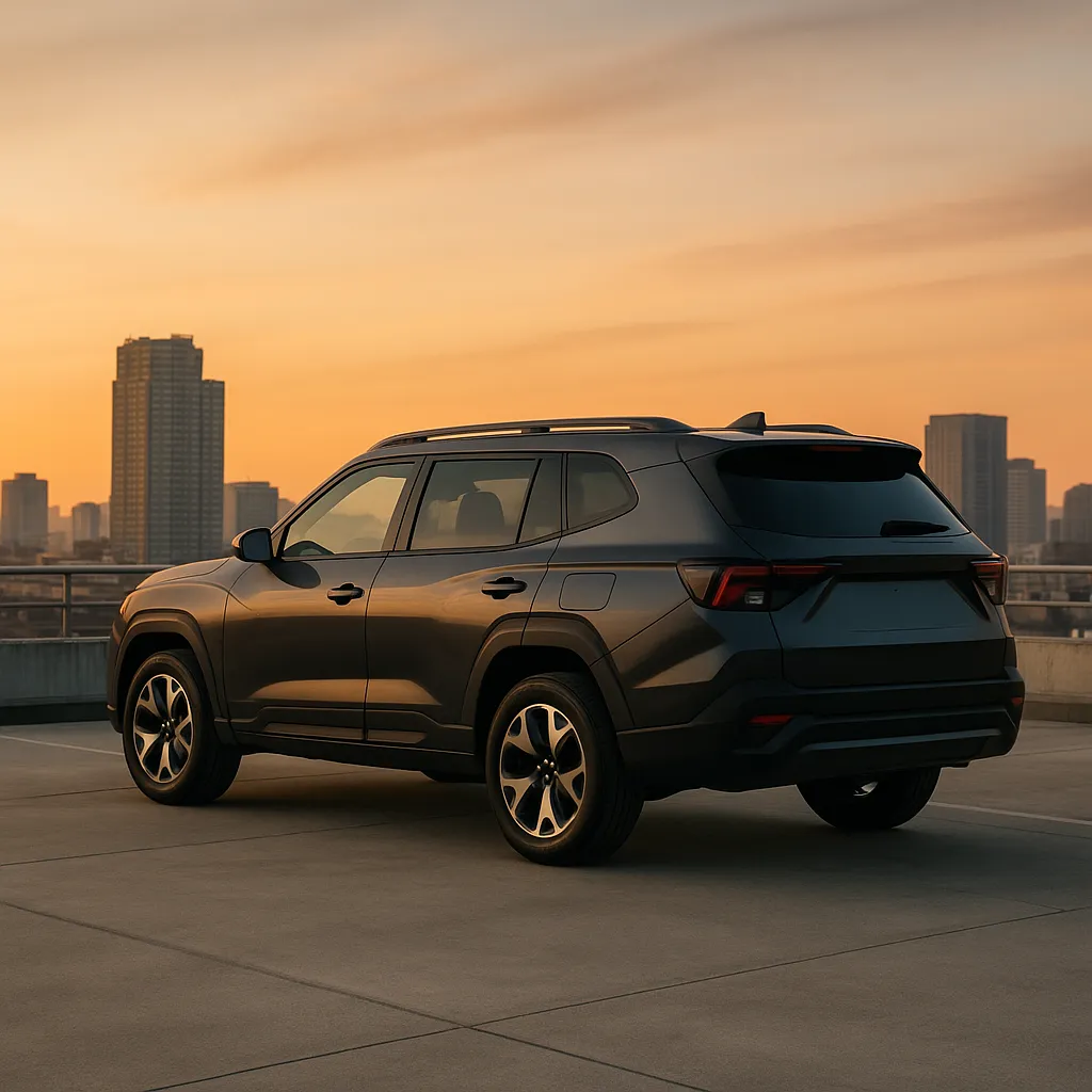 도심 옥상에 주차된 다크 그레이 SUV의 노을 배경 뒷모습