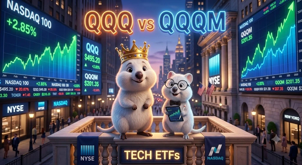 나스닥 100 지수를 추종하는 대표 ETF인 QQQ의 풍부한 유동성과, 수수료를 낮춰 장기 적립식 투자에 유리한 QQQM의 핵심 특징을 한눈에 비교하는 이미지.
