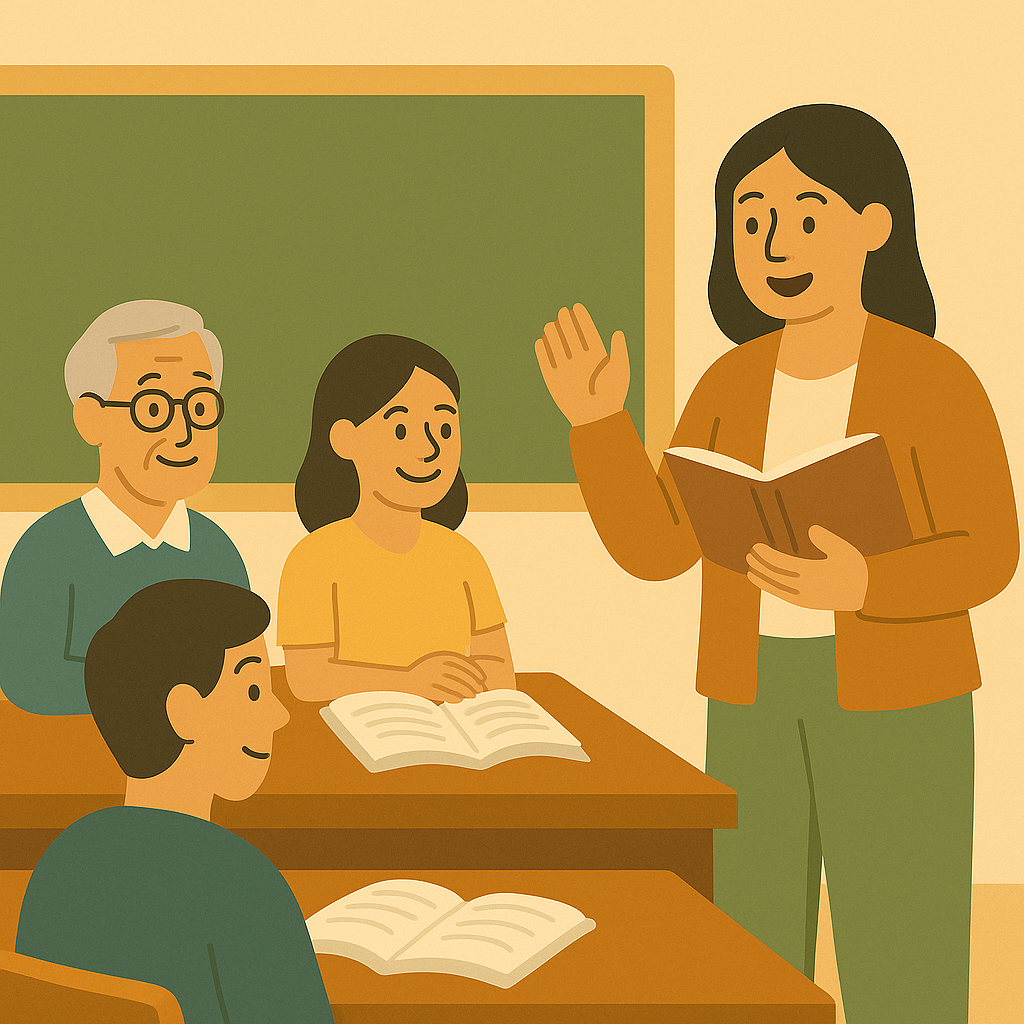 평생교육 현장에서 강사와 다양한 연령대 수강생들이 원탁에 둘러앉아 웃으며 토론하고 배우는 모습의 플랫 스타일 일러스트, 따뜻한 오렌지·브라운·그린 계열 색상 사용