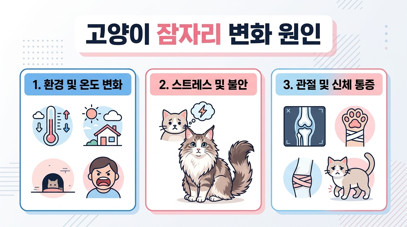 고양이 잠자리 변화의 다양한 원인(환경, 스트레스, 통증)을 비교 설명하는 인포그래픽
