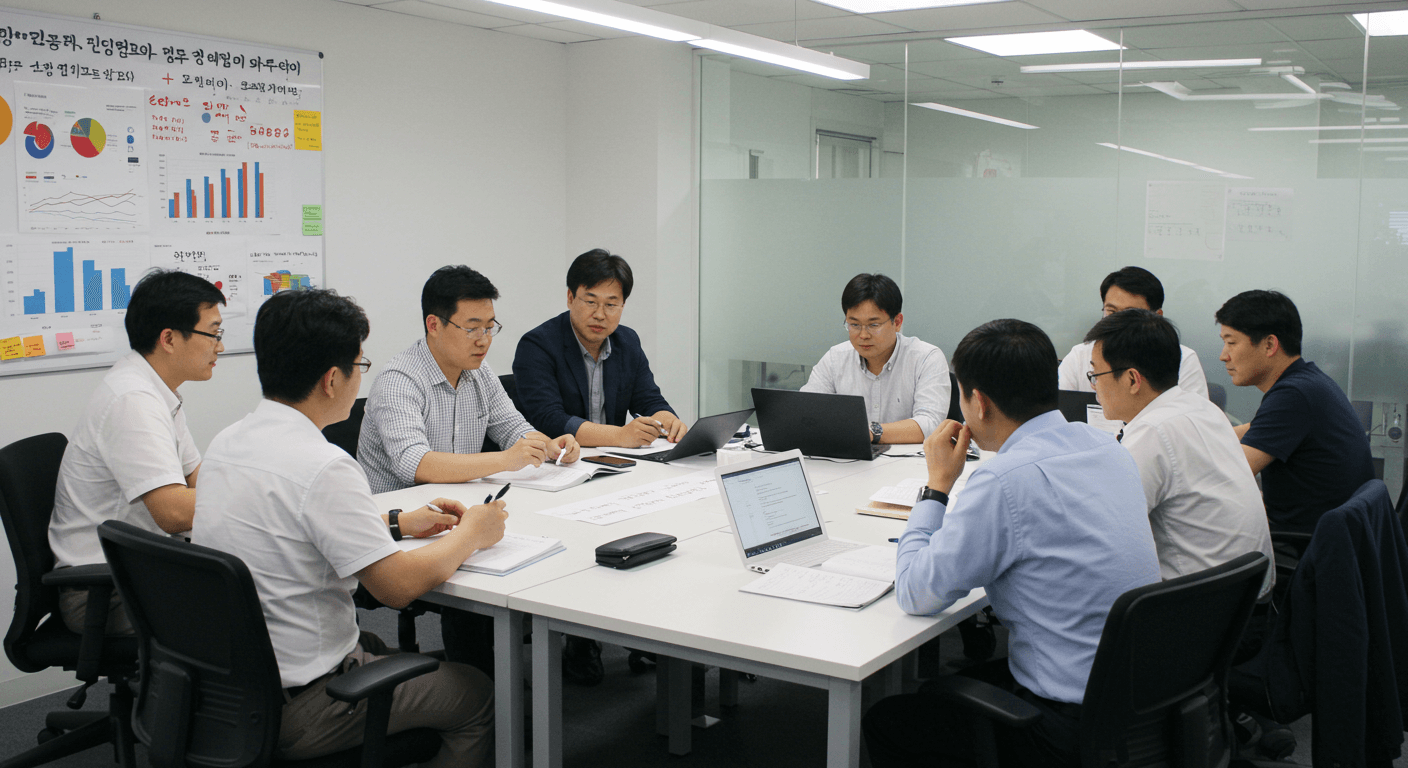 회사에서 아침 회의하는 장면