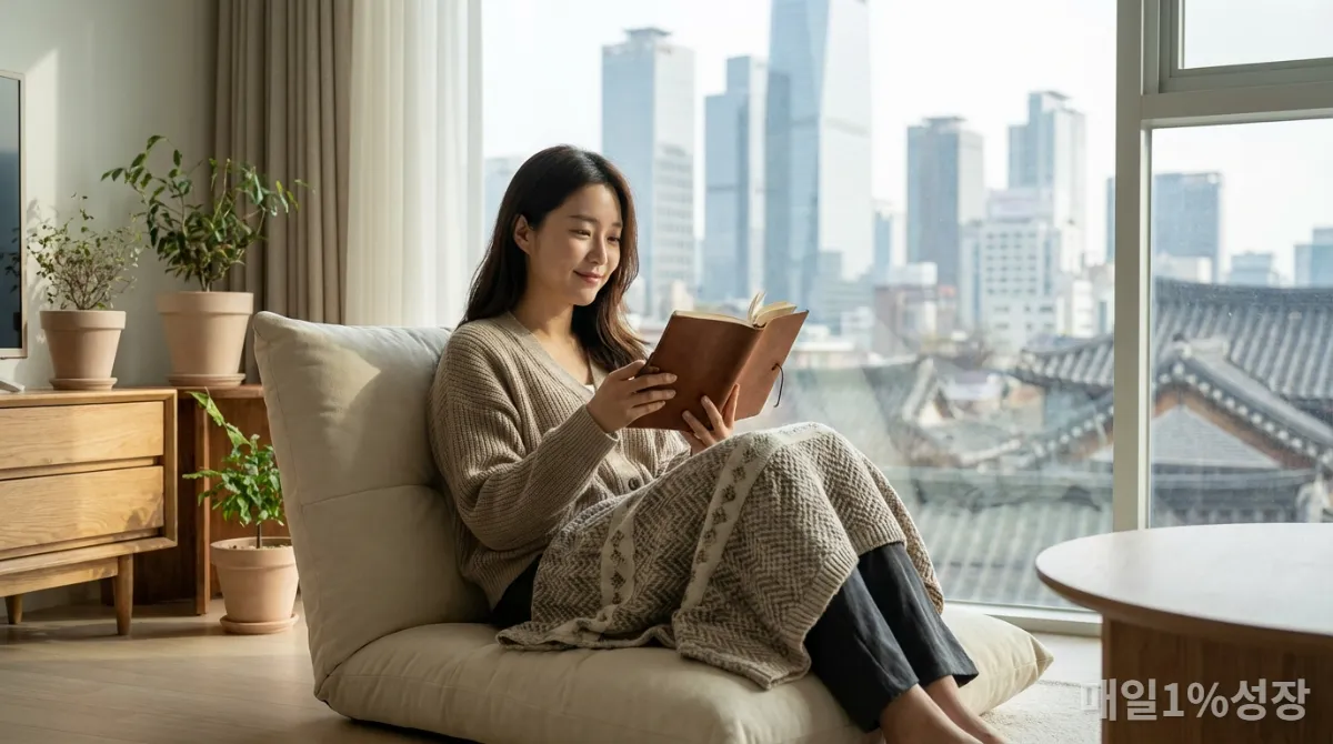 창가에서 감정 일기를 다시 읽으며 성장하는 한국 여성