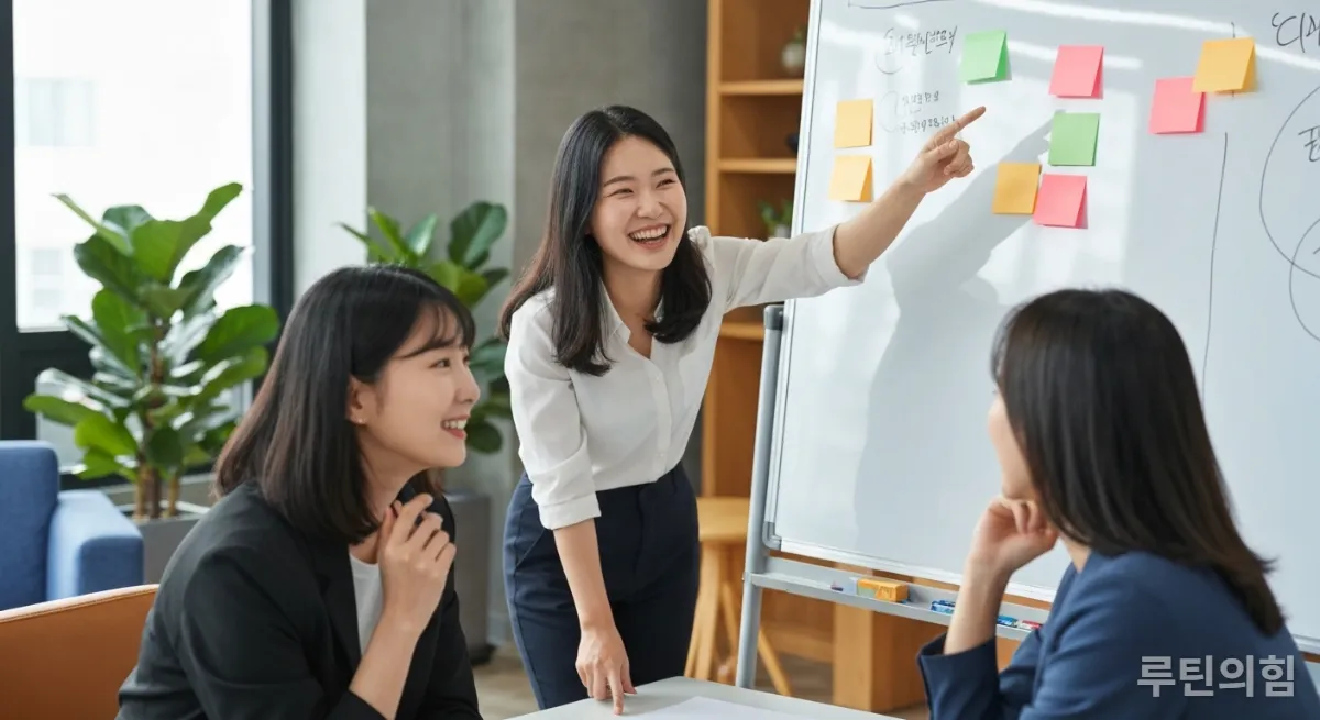 화이트보드 앞에서 활발하게 아이디어를 나누는 다양한 팀원들