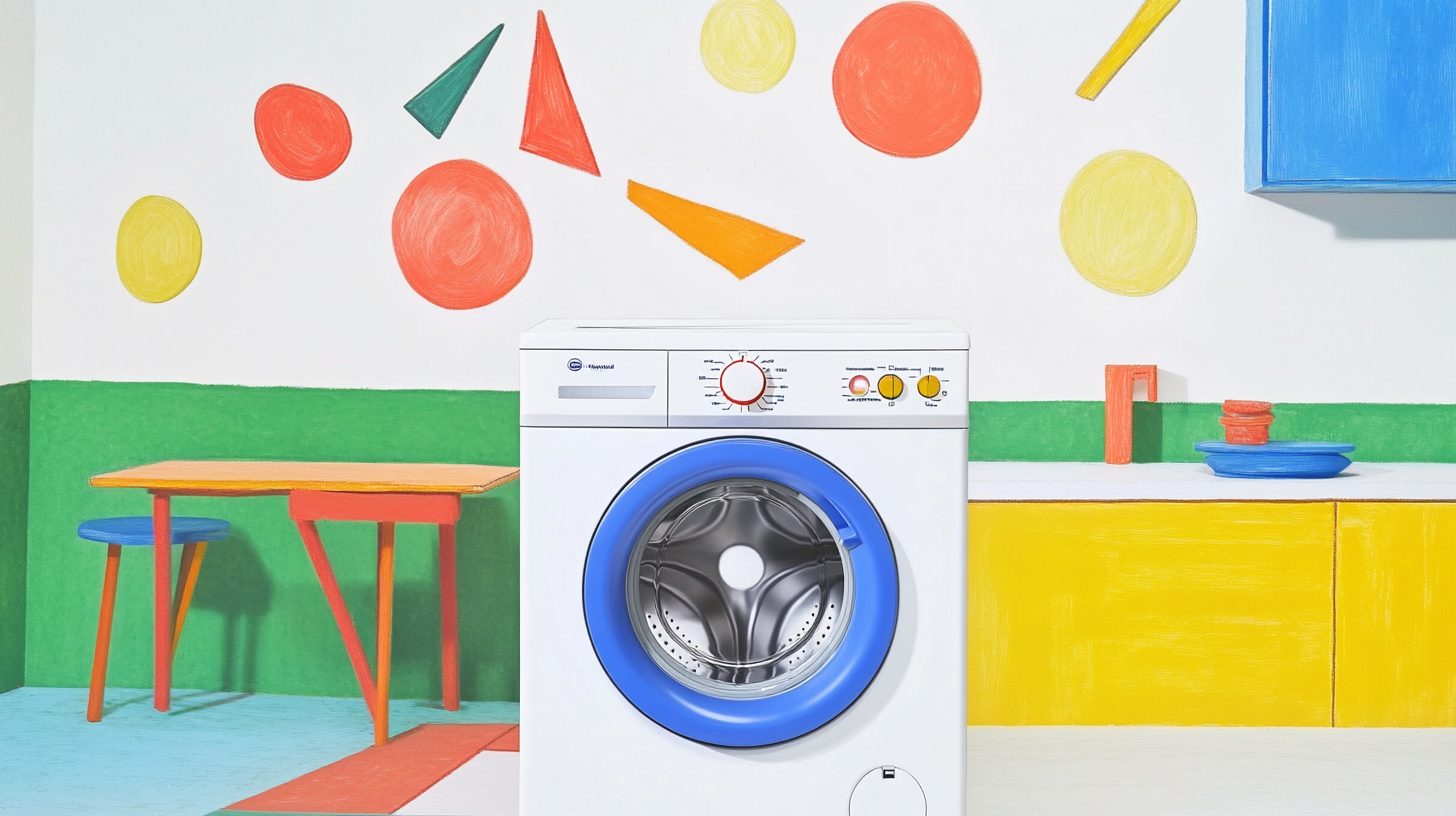 밝고 다채로운 주방 환경에서 사용자 친화적인 기능이 강조된 탑 로딩 세탁기의 모습