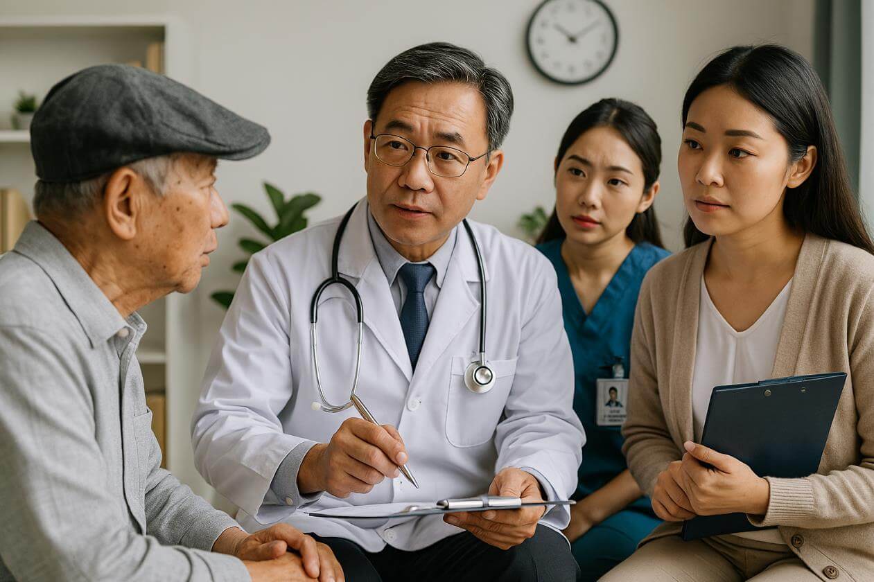 의사가 노인 환자와 보호자에게 진료 상담을 하는 장면.