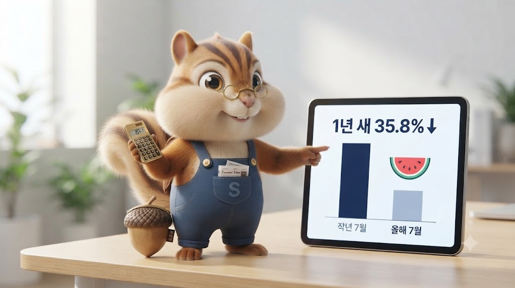 작년과 올해 수박 가격을 비교하는 막대그래프와 다람쥐 캐릭터, 그래프에 1년 새 35.8%하락이라는 문구가 쓰여 있는 일러스트