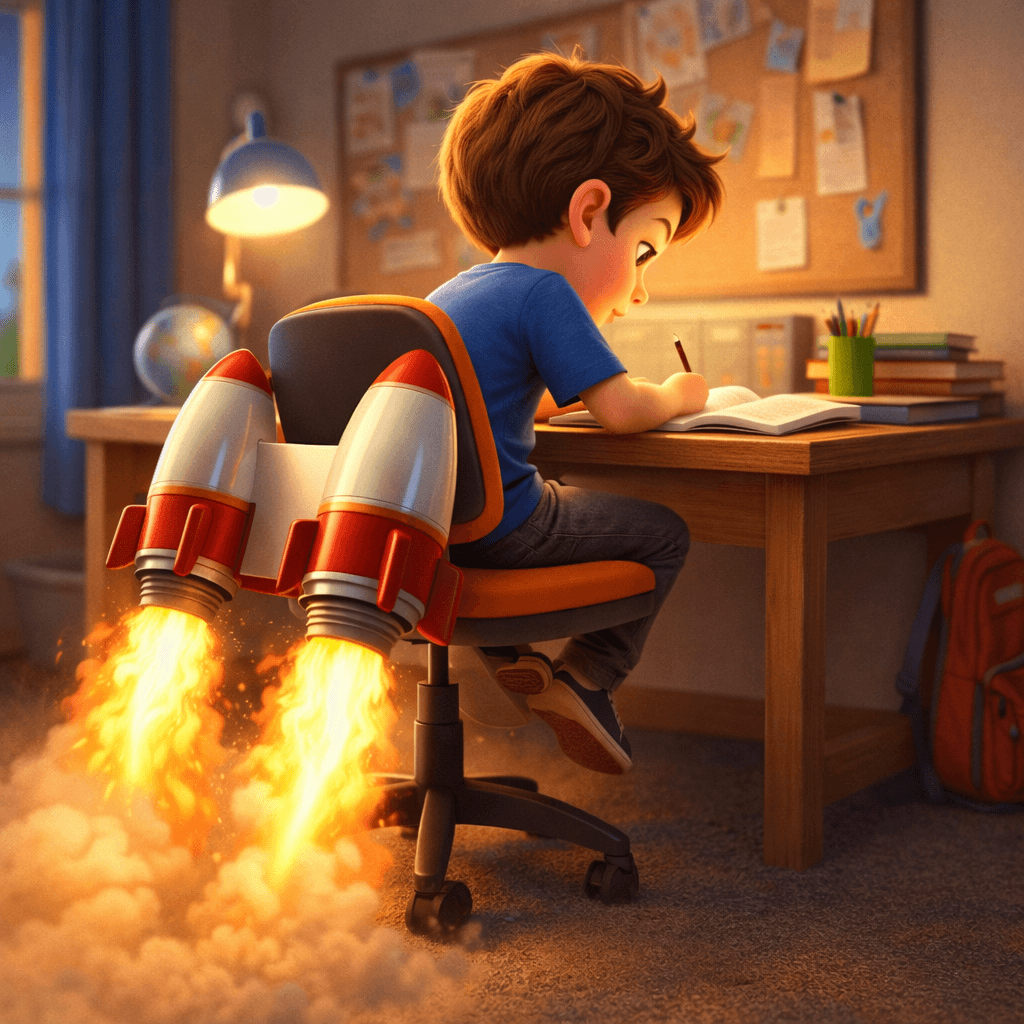 책상에 앉아 집중하는 아이의 엉덩이 의자에 로켓이 달려있는 3D 일러스트