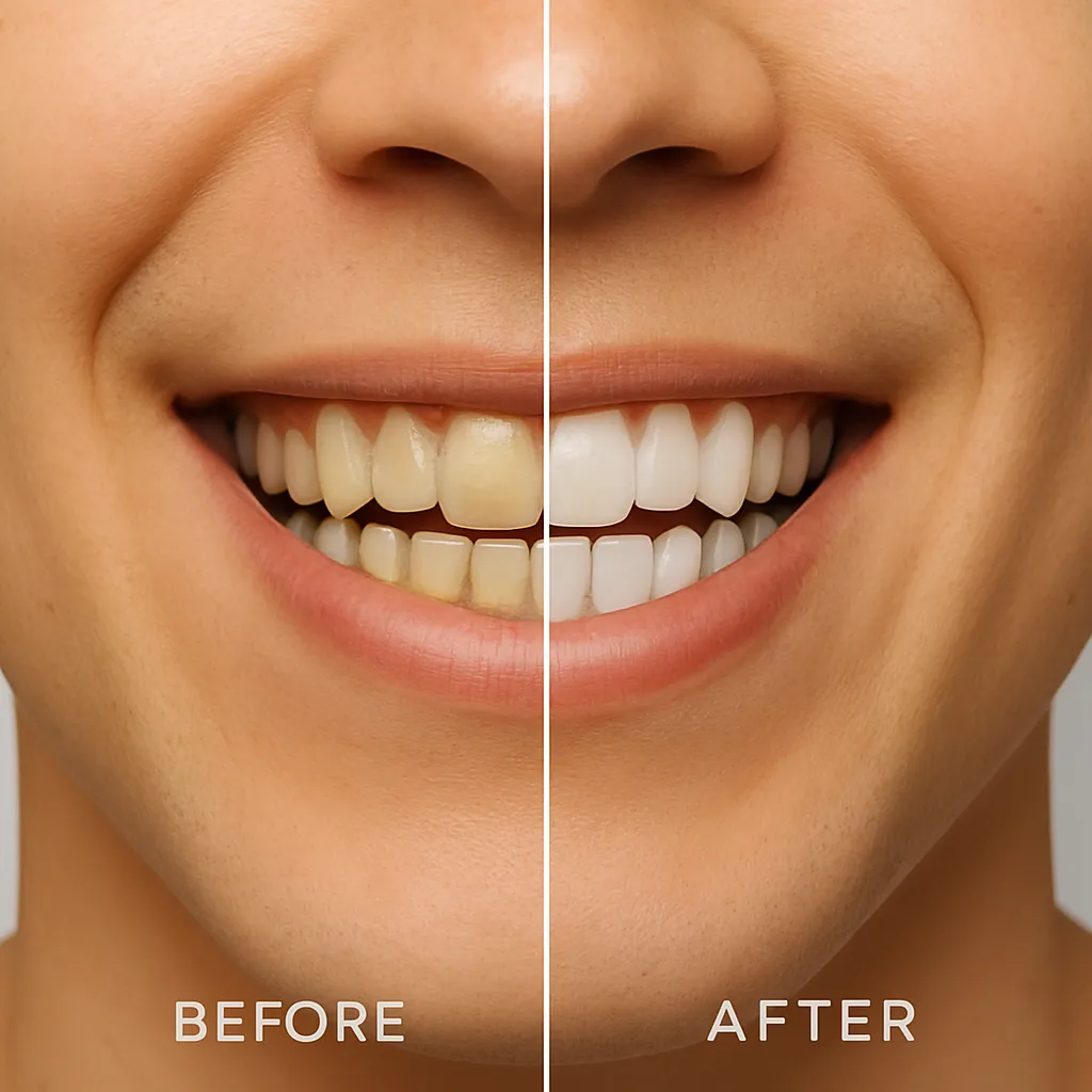 "화면이 좌우로 분할되어, 왼쪽에는 누렇고 삐뚤빼뚤한 치아가, 오른쪽에는 라미네이트 시술 후 하얗고 가지런하게 정돈된 치아가 선명하게 비교되는 이미지."