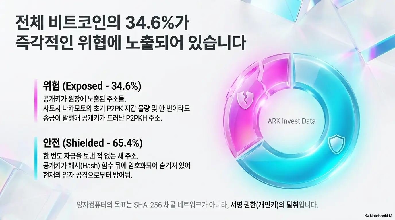 양자컴퓨투 비트코인 위협: 전체 비트코인의 34.6%가 즉각적인 위험에 노출. ARK 인베스트 데이터 기반으로 공개키가 노출된 P2PK 주소와 해시 뒤에 보호된 주소의 양자 위험도를 비교한 인포그래픽 (Bitcoin 34 Percent Quantum Threat P2PK Exposed ARK Invest)