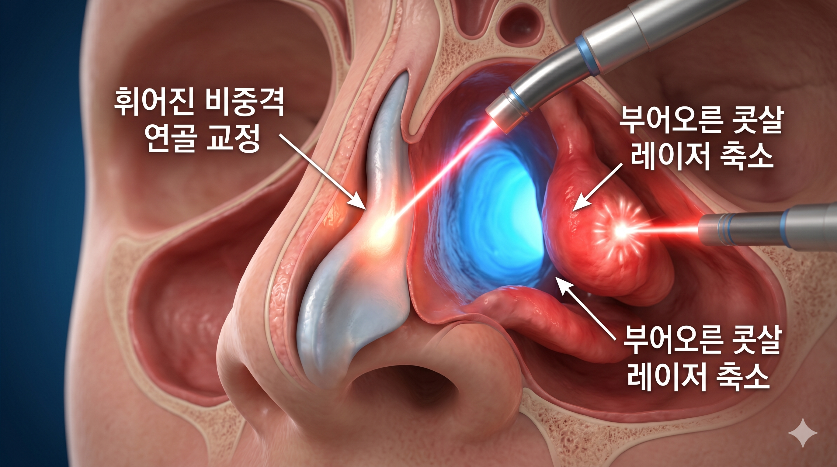 콧구멍을 반으로 나누는 연골인 비중격이 심하게 휘어져 숨길을 막고 있는 구조적 원인을 보여주고, 휘어진 연골을 곧게 펴고 부어오른 하비갑개 점막을 레이저로 축소시켜 기도를 확보하는 비염 수술 3D 시뮬레이션