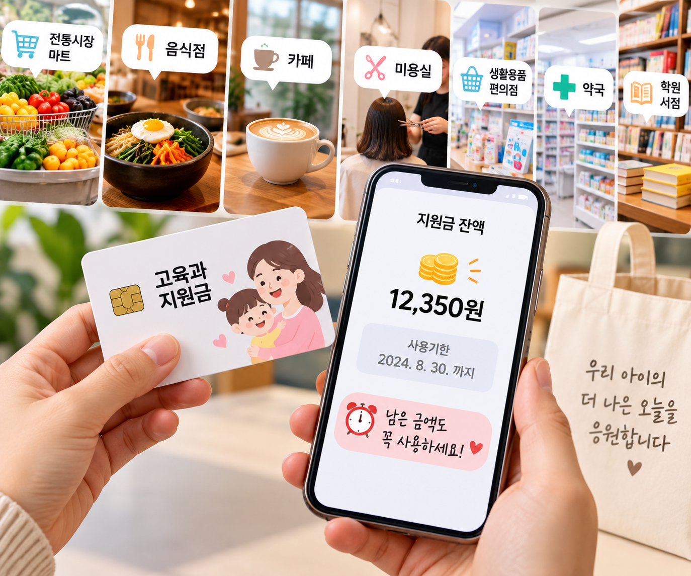 고육가 피해지원금의 남은 잔액과 사용기한을 확인하는 모습을 표현한 이미지